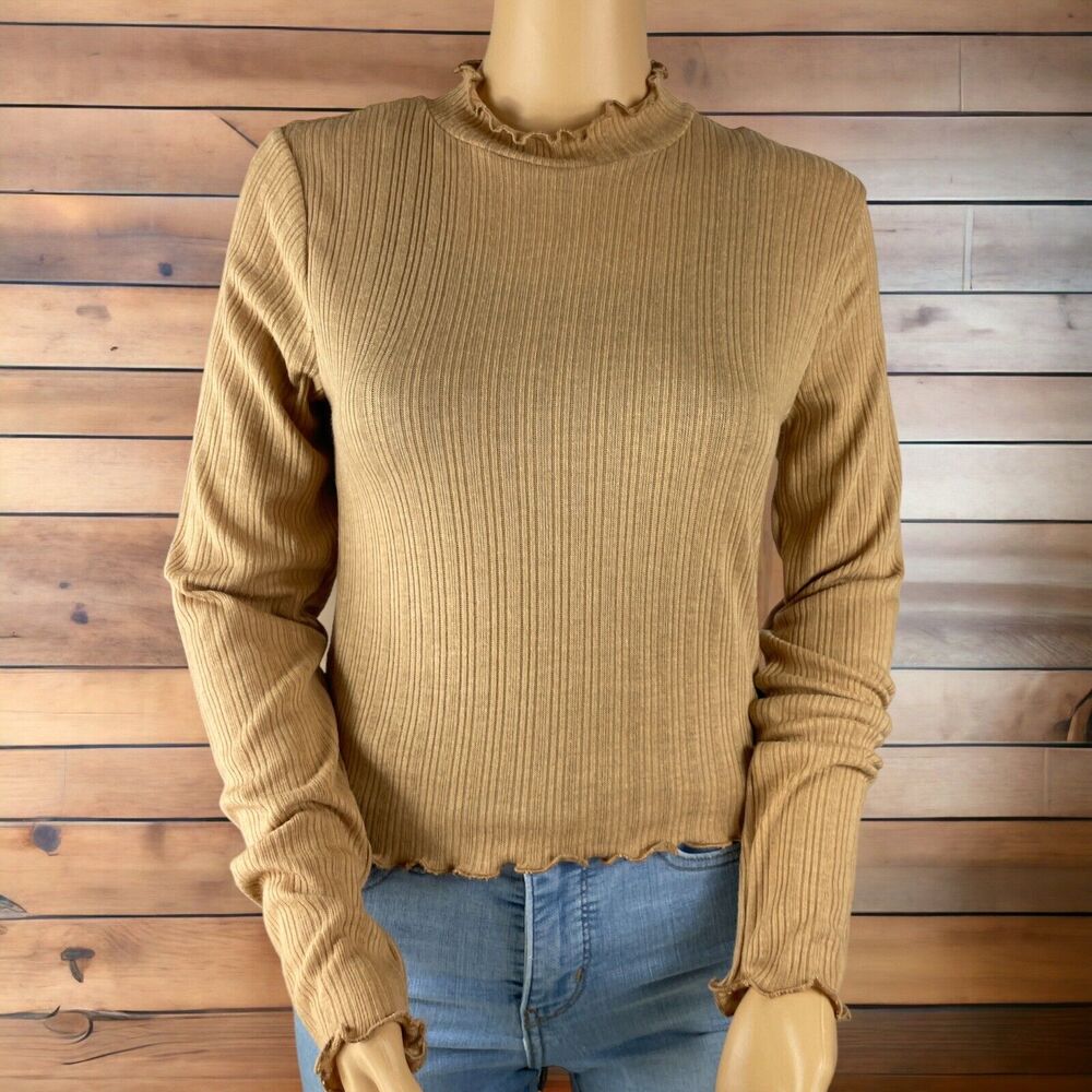 Ambiance Camel Woman Lettuce Edge Mock Neck Top Sz/ L